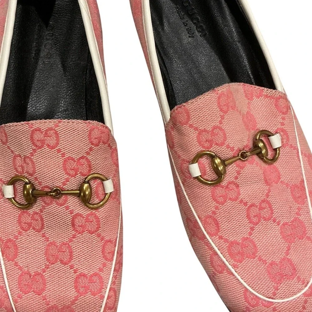 Gucci Jordaan Loafers Pink GG Monogram Canvas Horsebit Shoes IT 41 Mens 8 US